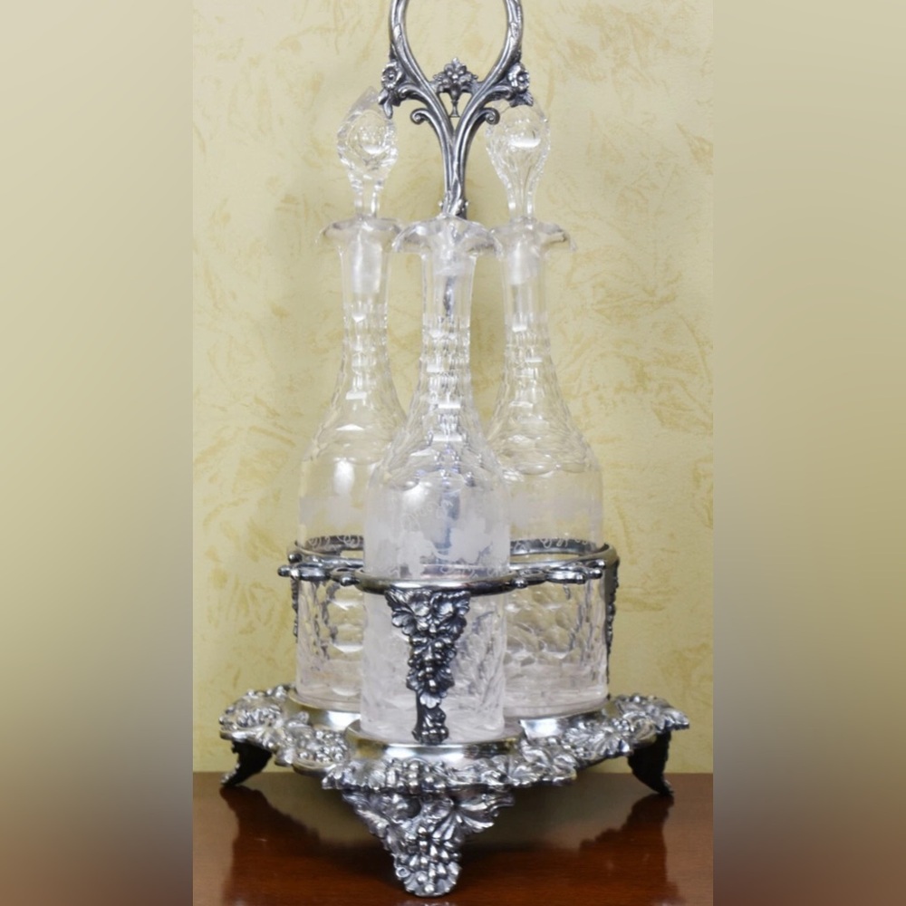 Reed and Barton etched glass grape and leaf design decanters, no holder